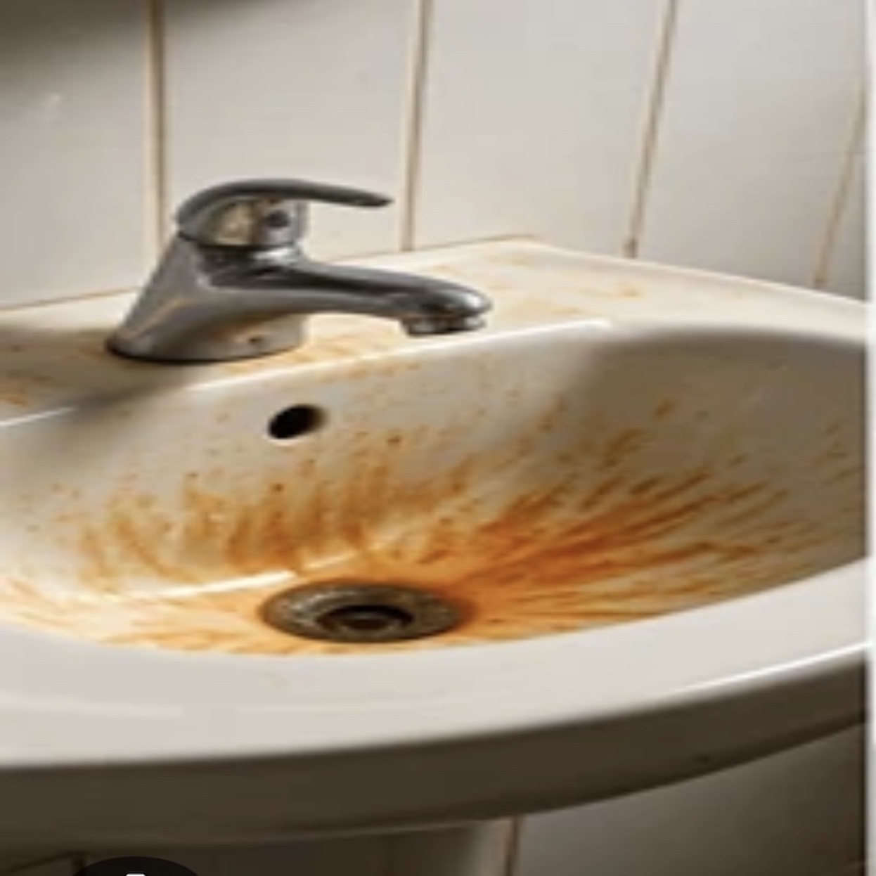 "Before photo of a heavily stained porcelain bathroom sink with rust and grime buildup, requiring professional move-out deep cleaning services."